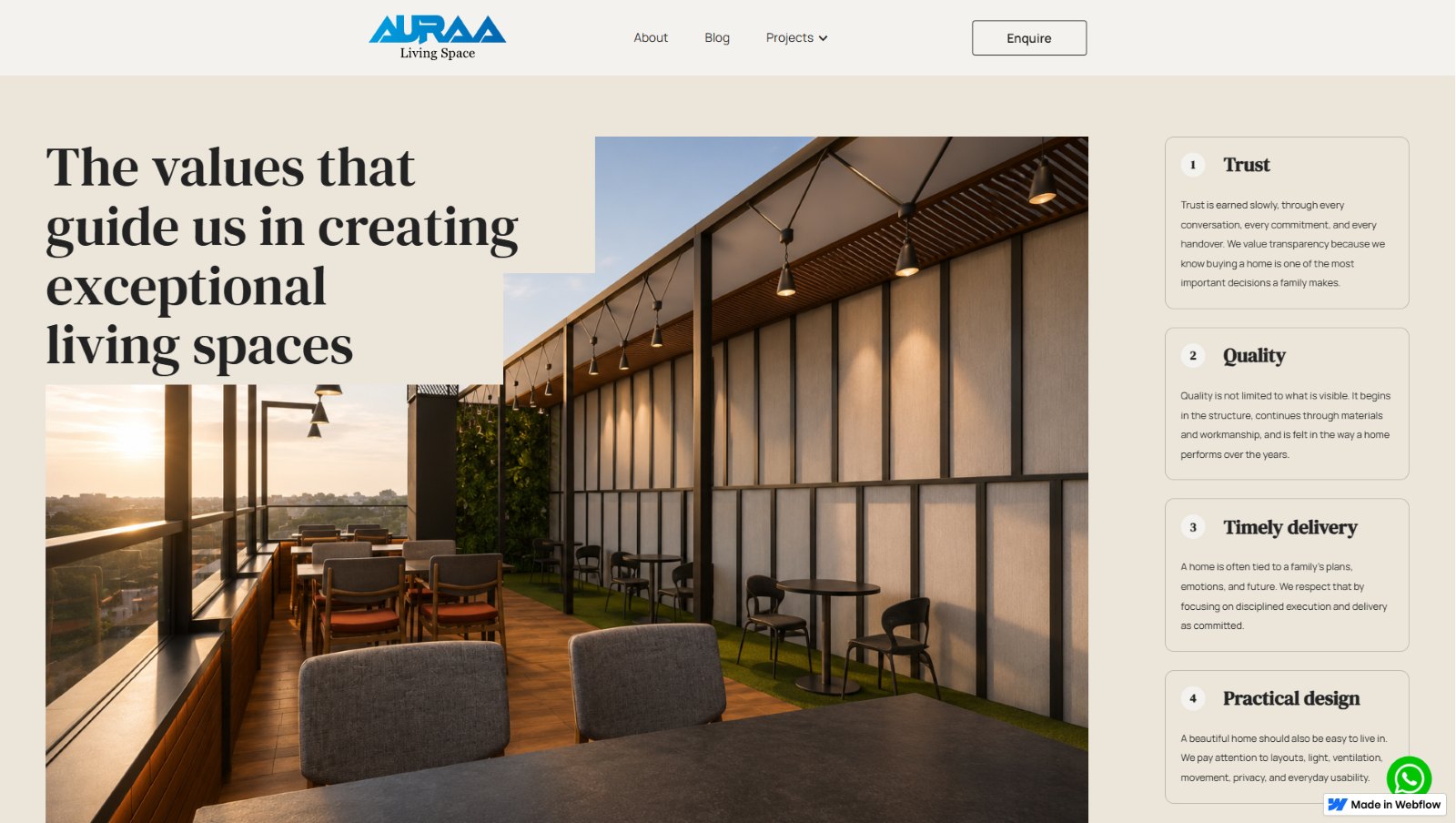 Auraa Living Space - brand values section
