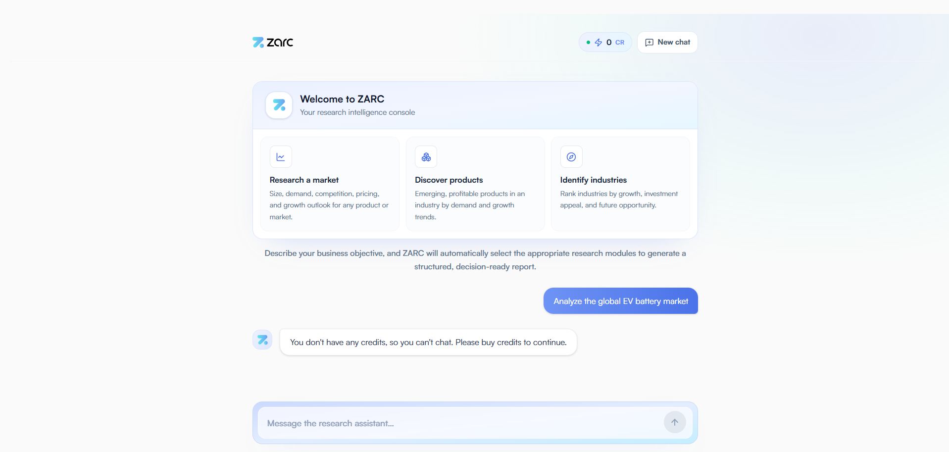 ZARC website - research dashboard interface